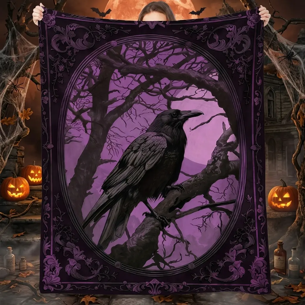 Vintage Purple Gothic Raven Throw Blanket, Dark Halloween Blanket With Ornate Floral Frame, Twisted Bare Tree & Purple Moon Sky Crow Print, Soft Plush Warm Throw for Sofa, Bedroom, Daily Naps, Witchy Dark Home Decor & Gothic Holiday Presents 0713（17）