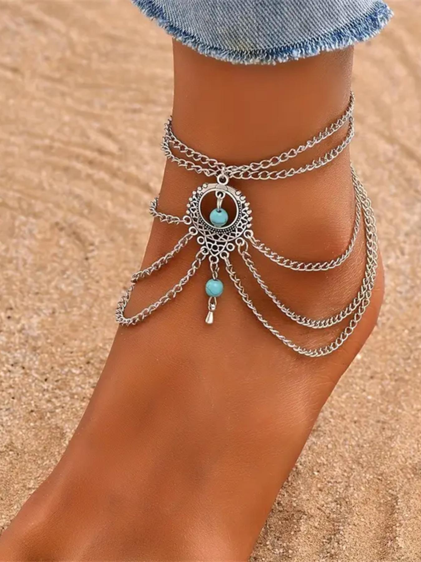 Boho Style Turquoise Beaded Decor Multi-layered Adjustable Strap Anklet, Trendy Fashionable Accessories, Trendy All-match & Exquisite Pendant Jewelry Accessories for Women & Girls for Party & Daily Cloth Decor, Chains Jewellery
