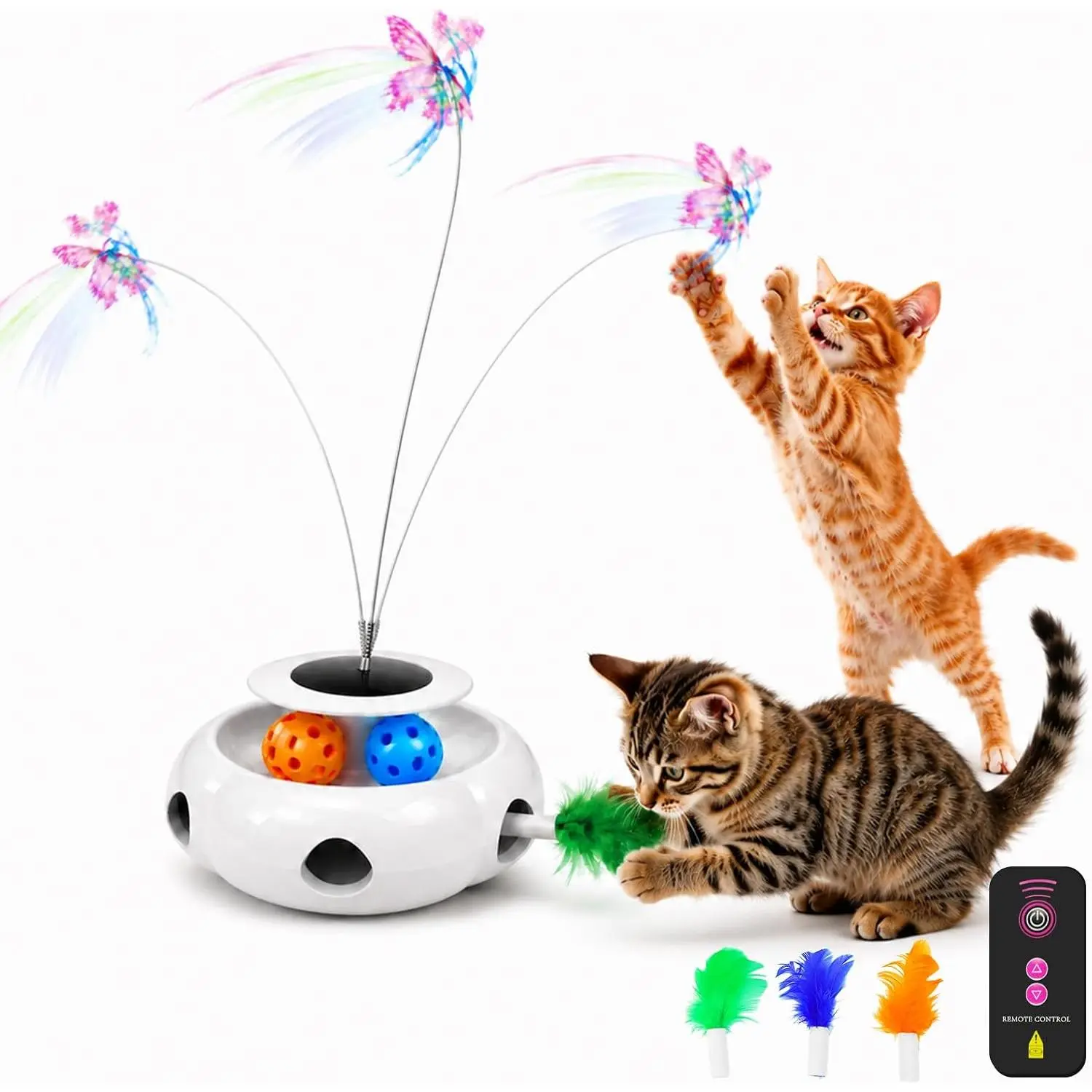 3-in-1 Interactive   with Remote Control, Butterfly Wand & Automatic retractable feathers & Rolling Ball Track, Multi-functional   for Indoor Cats, Suitable for Bored kitten, white