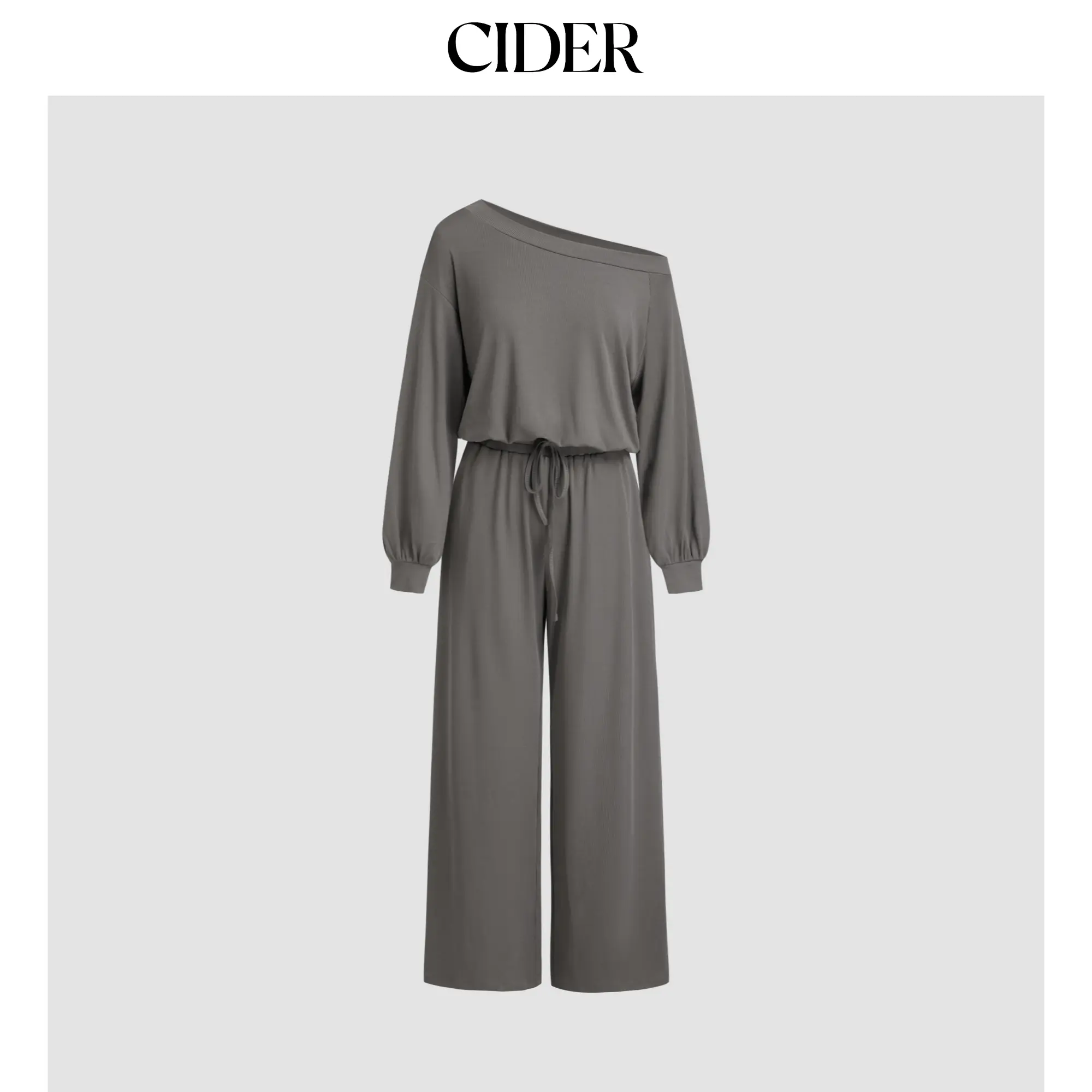 Cider Jersey Asymmetrical Neck Drawstring Oversized Long Sleeve Wide Leg Jumpsuit