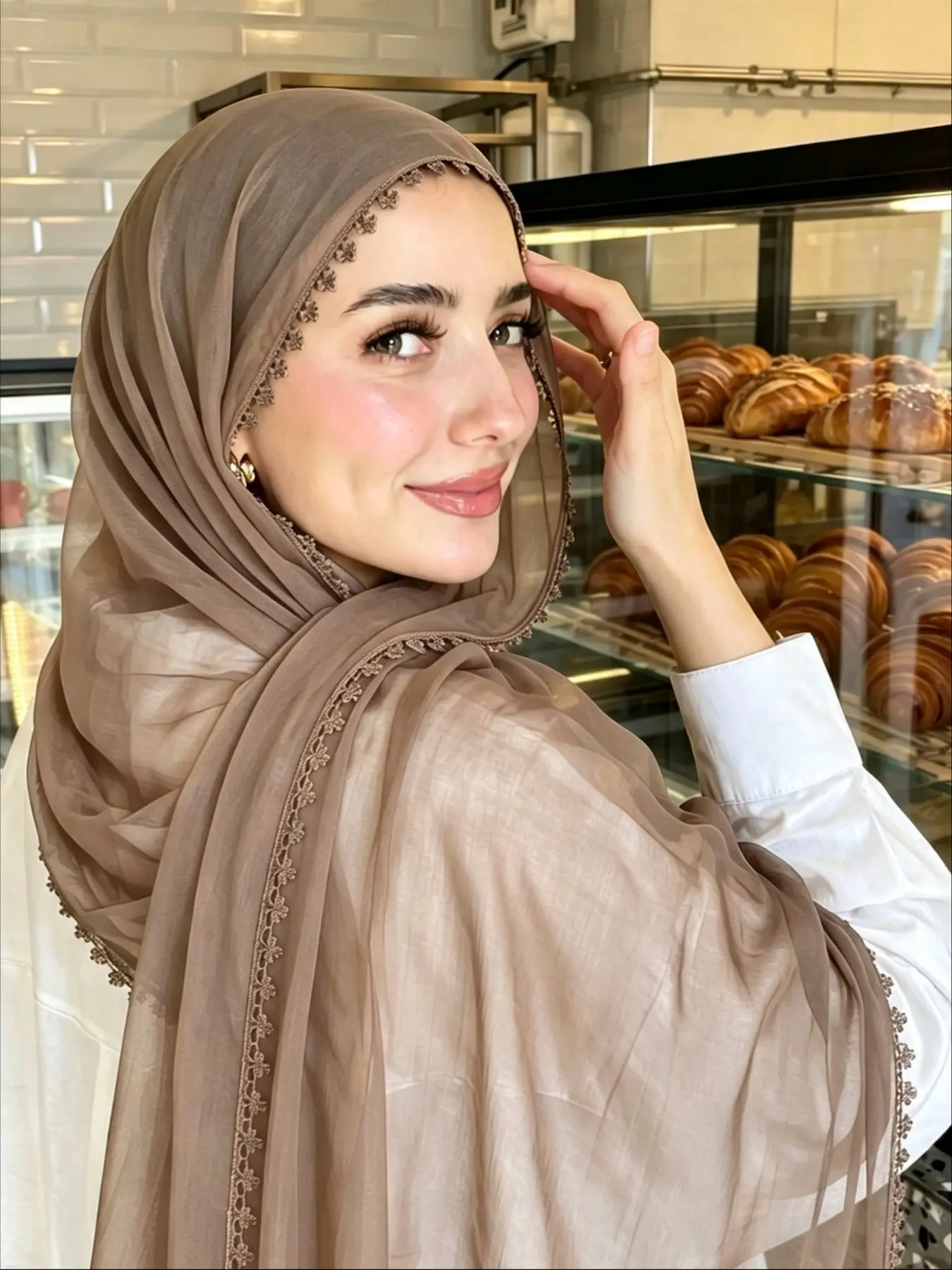 Women's Fashion High-Definition Yarn Long Scarf with Lace Trim, Breathable Sun Protection, Ideal for Daily Prayer and Outdoors