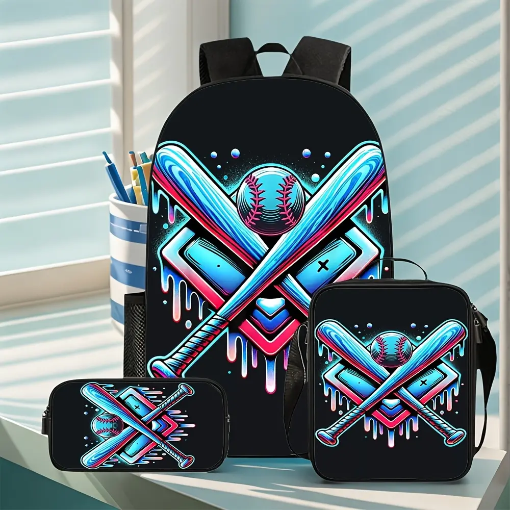 This 3-piece baseball-themed backpack set includes a lunch bag and pencil case, perfect for everyday carry. The backpack can also be used to organize school supplies and is suitable for travel. bookbag