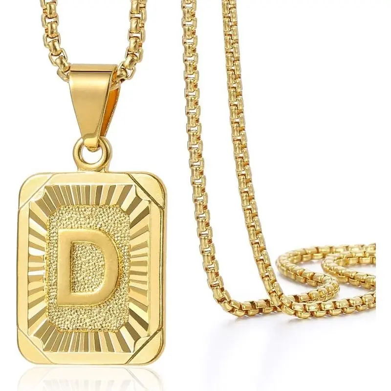 Gold Plated Initial Necklace, Unisex A-Z Letter Pendant on a 22-inch Box Chain, Stainless Steel Jewelry for Casual Wear, Capital Letter