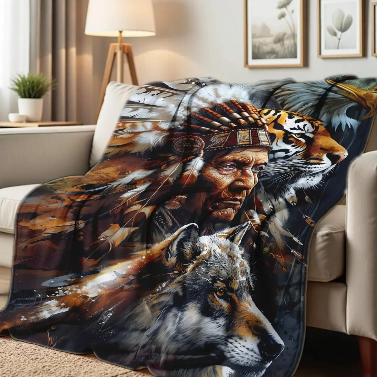 Flannel Blanket Indian Tribal Chief Print Blanket Throw for Couch Bed Soft Bedding Decor   Gifts for Boys Men Adults (49"x59")