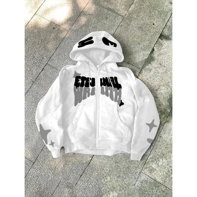 Tiktok Trendy Graphic Zipper Hoodie, Eternal Wealth & Star Print Fleece Pullover, Casual Comfortable Home Wear, Fall&winter Style