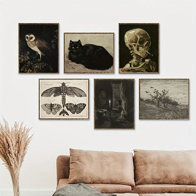6PCS/Set Vintage Canvas Poster Moody Halloween Gothic Witchy Aesthetic Goth Spooky Gallery Wall Decor Black Cat Poster, Vintage Skeletons Owl Poster, Dark Academia Decoration Wall Pictures For Living Room Home Decor, Unframed Canvas Decor Painting