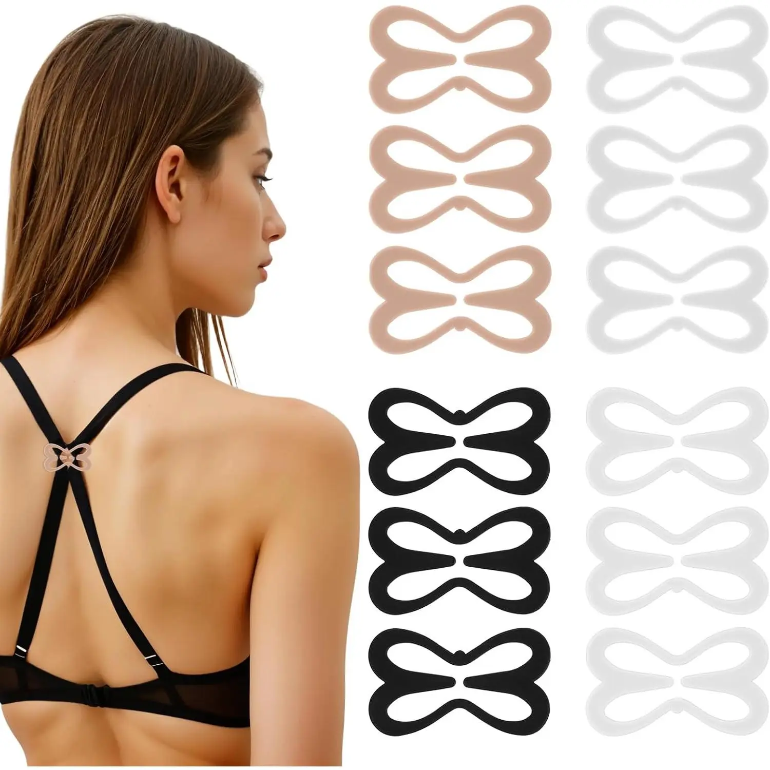 Bra Strap Holder Clips for Racerback, 12Pcs Bra Clips to Make Racerback, Anti-Slip Bra Strap Holders for Slipping, Adjustable Bra Strap Clips for Racerback (Black, Beige, White, Clear)