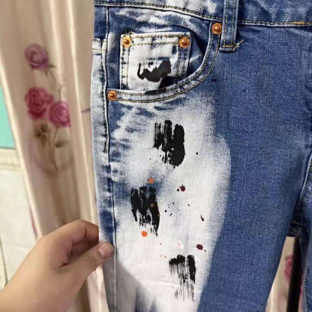 YYK Brand: Street-Style Distressed, Skinny-Fit Stretch Jeans-Featuring Patches, Embroidery, and a Vintage Denim Aesthetic-Showcasing Casual and Fitness-Inspired Styling