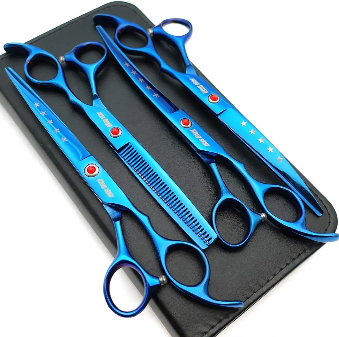 KINGSTAR 7.0in Titanium Blue Professional Right-Hand Pet Grooming Scissor Kit, 4pcs Set with Straight, Thinning, Curved Convex Edge Scissors for Universal Dog Hair Cutting