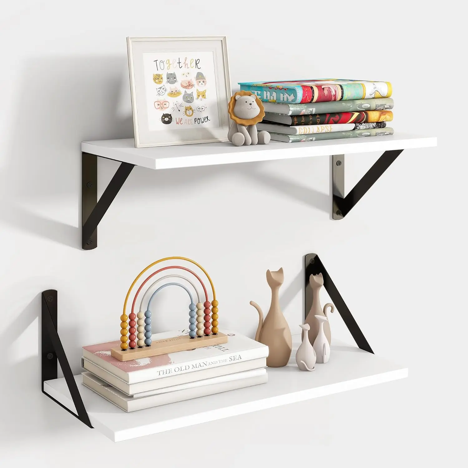 White Floating Shelves for Wall, 8 Inch Deep Wall Shelves Set of 2, 16''W x 8''D White Wood Shelves for Bookshelf Living Room Bedroom Home Office Bathroom