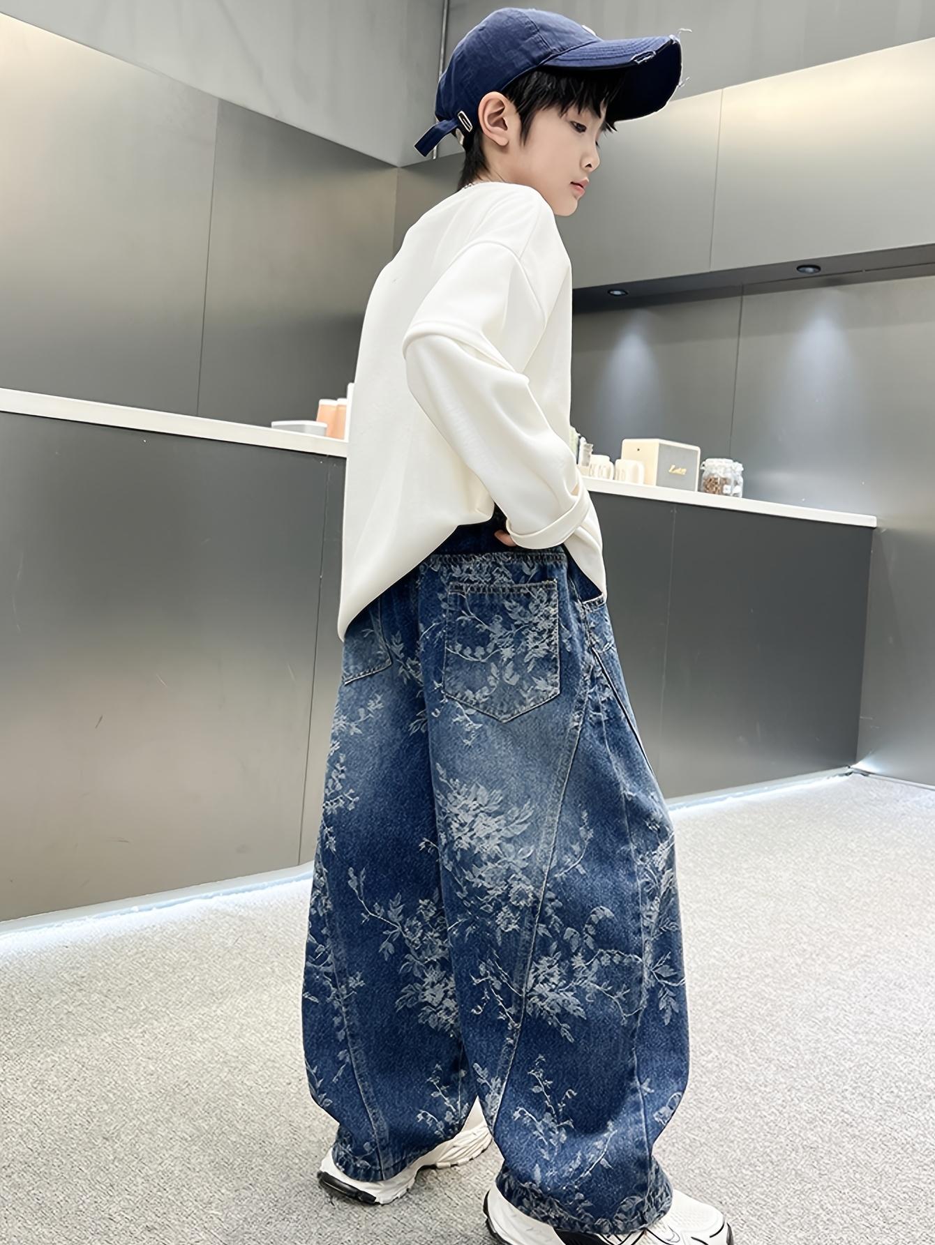 (New)Back-to-School Season Valentine's Day Fashion Trend Boys' Pants 2026 New Jacquard Simple Versatile Loose Wide-Leg Stylish Boys' Jeans