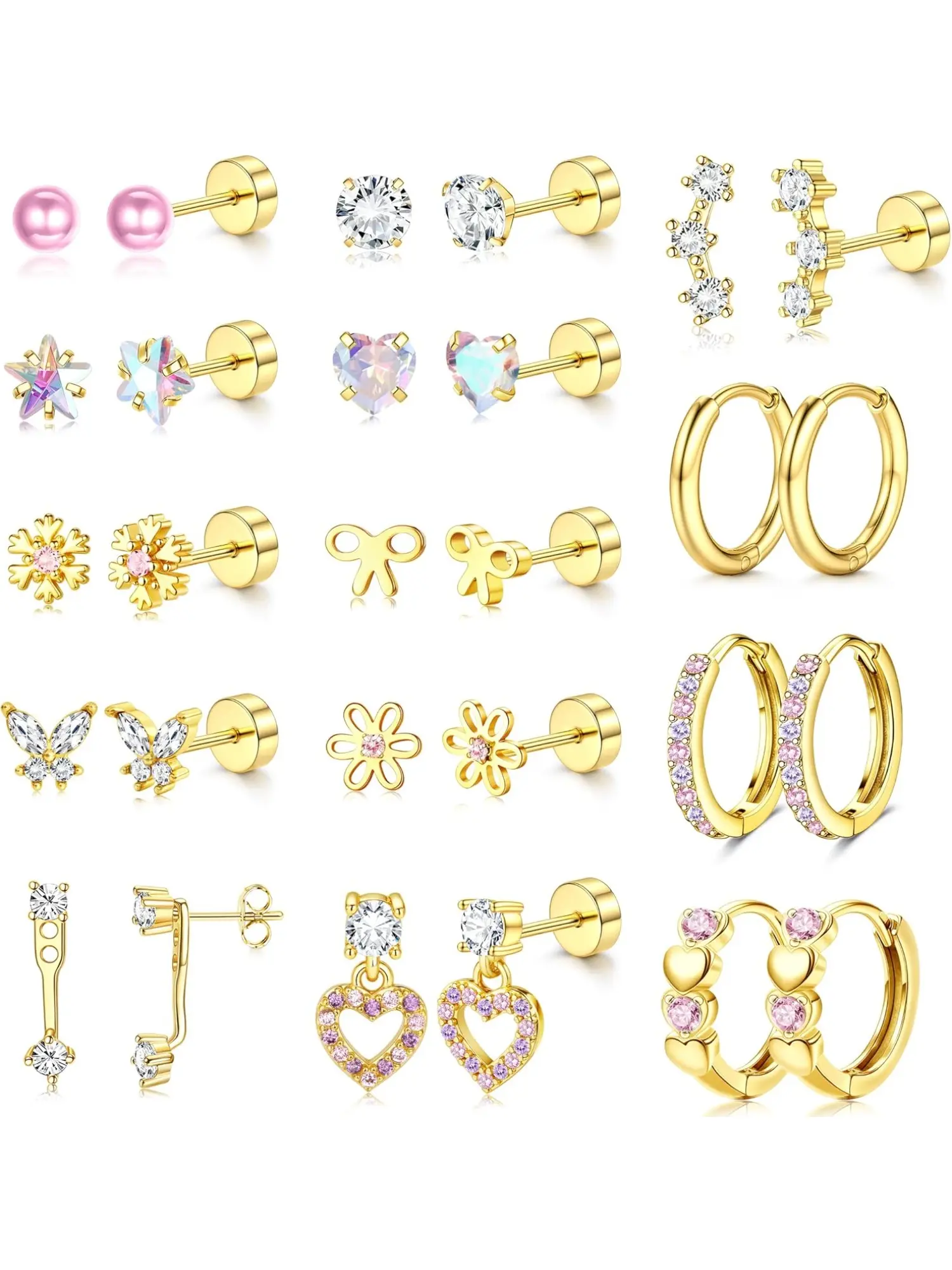 14 Pairs Stainless Steel Flat Back Earrings for Women Girls 14k Gold Plated Surgical Earrings Pink CZ Flatback Stud Earring Set Hoops Helix Piercing Jewelry Hypoallergenic