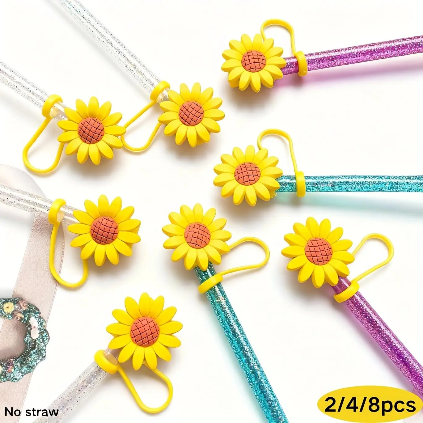 2/4/8pcs Reusable Splash Proof Diameter Straw Covers Dispensers, Sunflower Drinking Straw Plug Kitchen Tool Straw Tips Lids Accessory Drinking Dust Cap