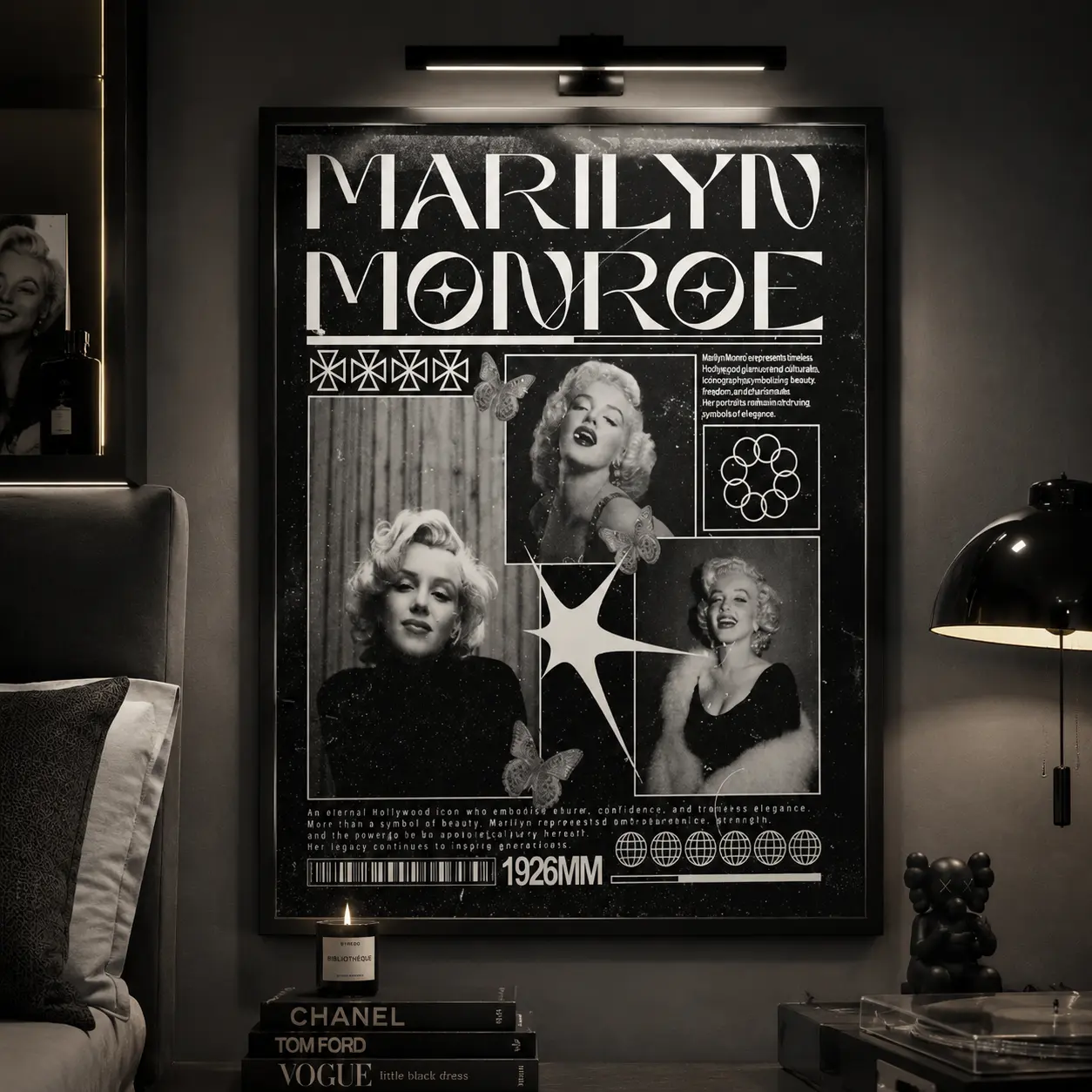 Black and white Marilyn Monroe wall art poster vintage Hollywood glamour aesthetic portrait print cinematic classic beauty decor for bedroom living room office stylish fashion icon gift idea artworkhd