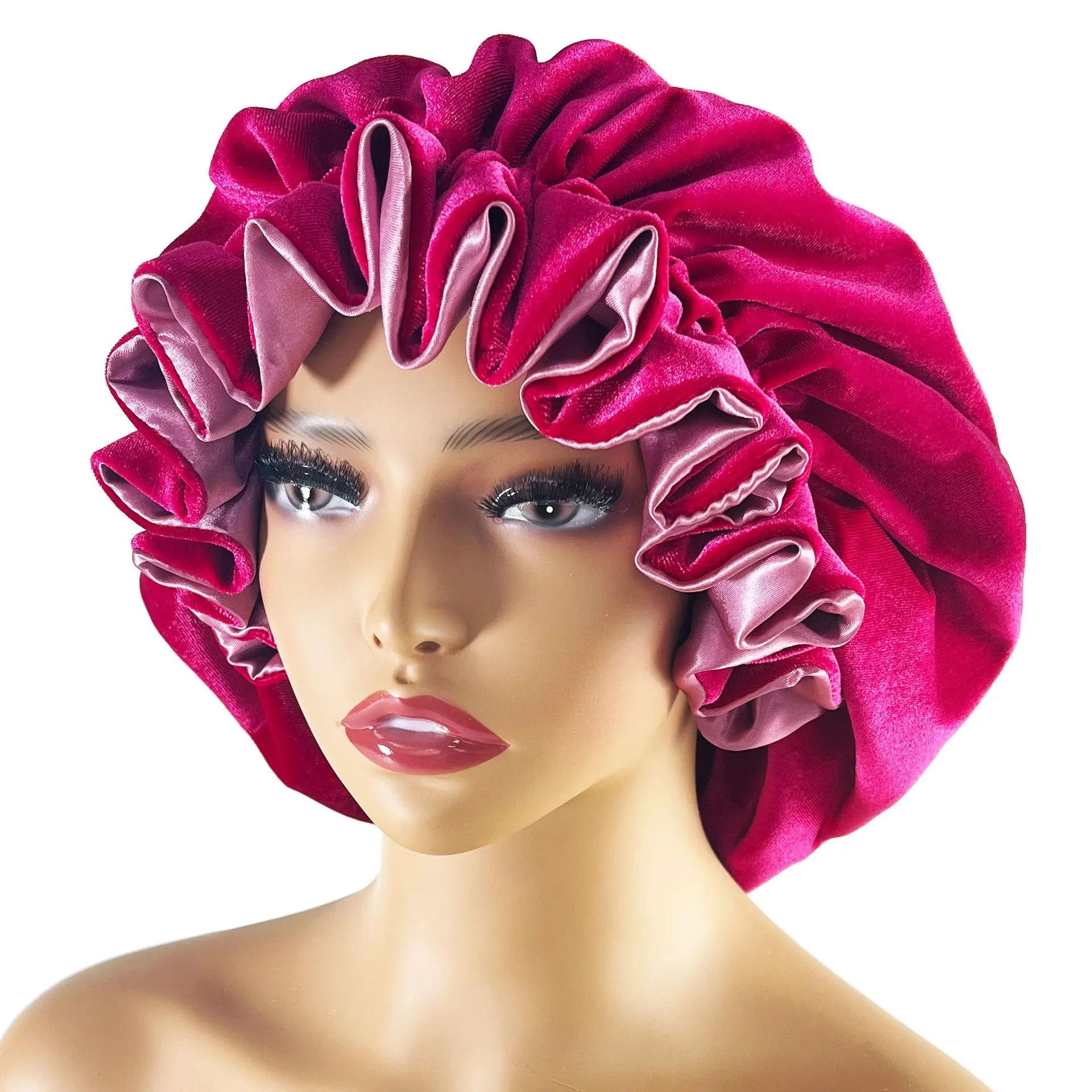 Women's Luxury Velvet Sleep Bonnet, Double Layer Satin Lined Night Cap with Romantic Ruffle Trim and Elastic Band, Anti-Frizz for Curly Thick Hair, Night Wear, Romantic Look, Velvet+Satine, Large Dome, Adults, Loose, Heatless, Haircare, Silky