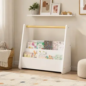 ARCH Sturdy 2-Tier Front-Facing Toddler Bookcase - Portable Kids Bookshelf with Portable Wooden Handle, MDF Tiered Shelf Storage Organizer for Bedroom, Playroom, White MDF, 15.75"H x 18.9"D x 6.69"W