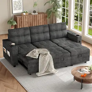 Dark Gray L Shaped Sectional Sofa Bed, 84 Inch Fold Out Sleeper, Armrest Storage, Drink Holders and USB Charging Ports, Soft Modern Furniture for Living Room Use