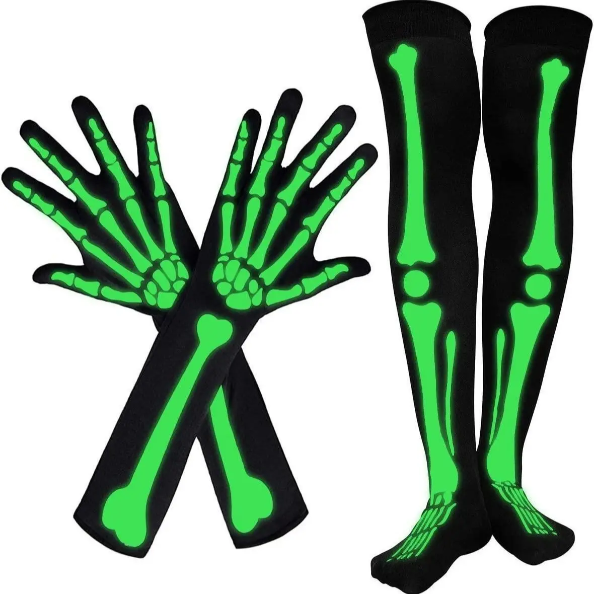 Halloween Skull Gloves Skeleton Set, Glow-In-The-Dark Long Socks, Cosplay Props, Horror Decorations, Bar Ghost House, Easter Party
