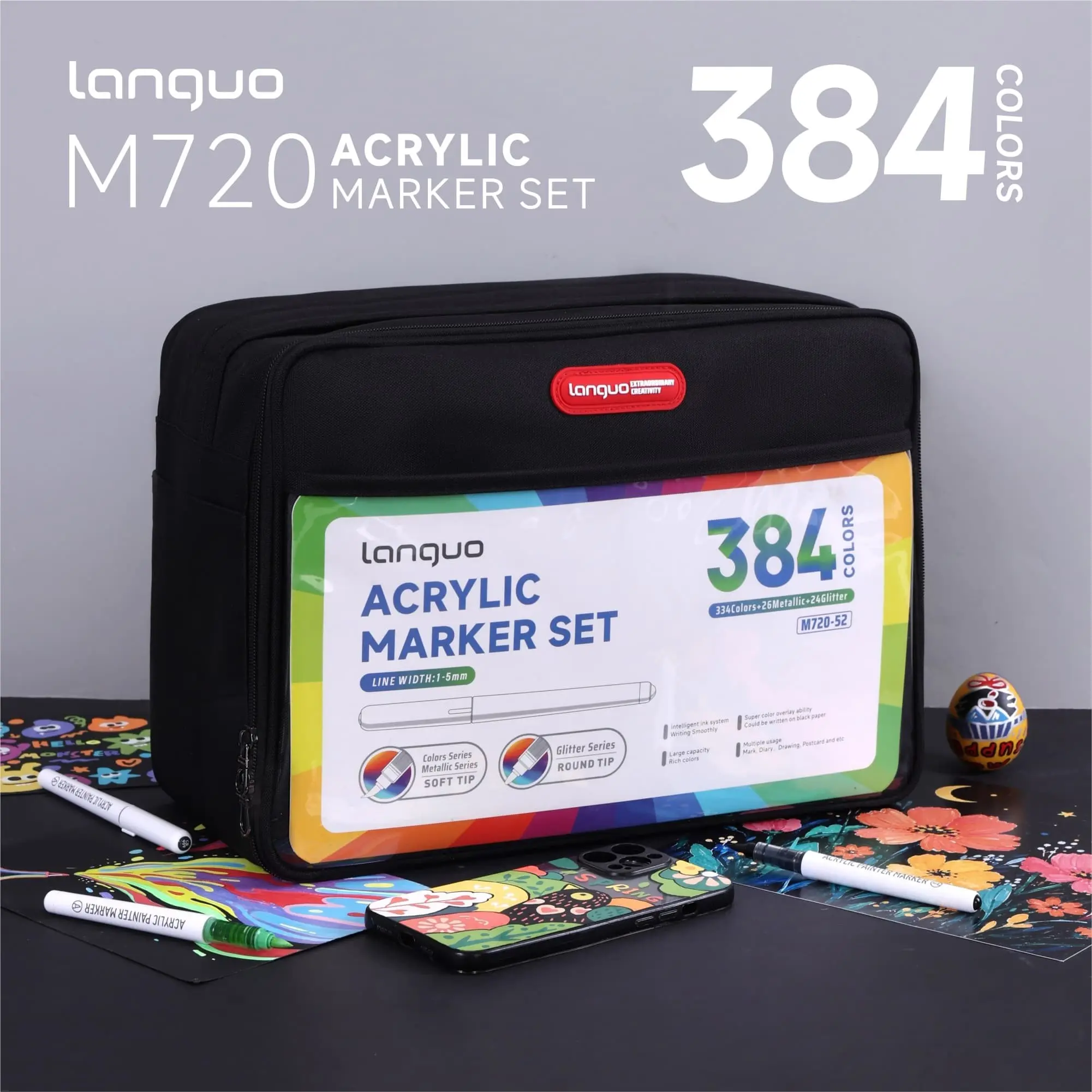 Languo 384 Colors Multifunctional Acrylic Markers Set, Coloring Markers, Soft Tip Dual Nibs, Waterproof, High Coverage, Art Supplies for Wood, Stone, Ceramics, Paper
