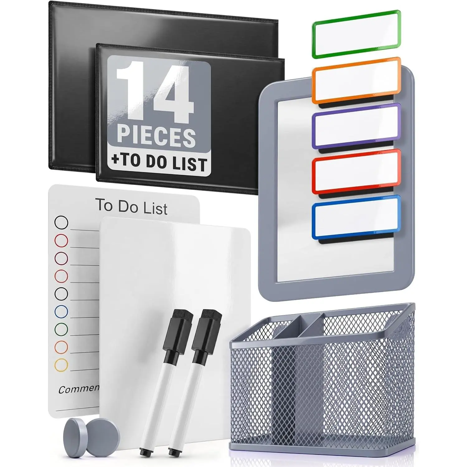 14 Pcs Locker Essentials Kit Gray - Cute School Locker Accessories Set with Magnetic Whiteboard - School Decor Kit Includes Dry Erase Pens Holders Magnetic Frames Magnets Labels Mirror & To Do List