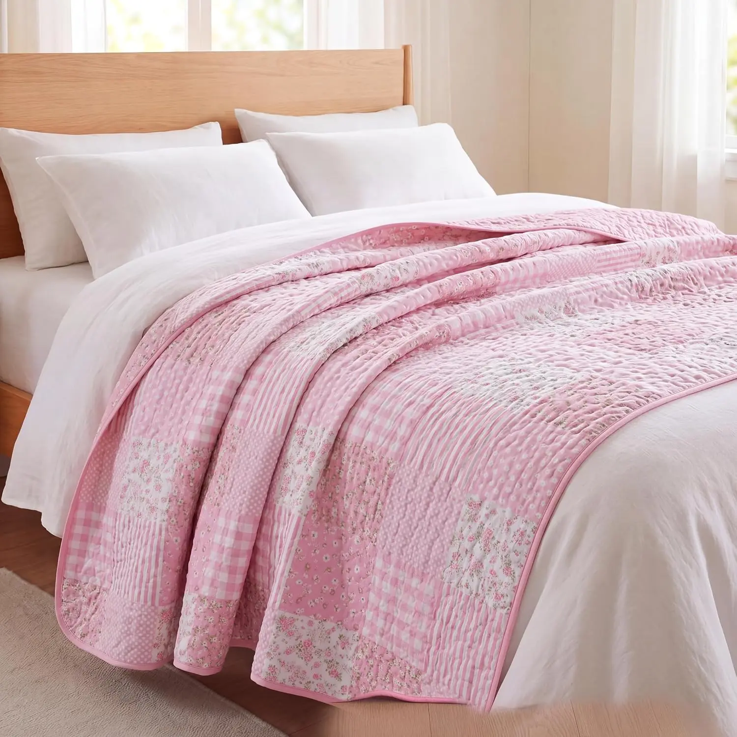 Floral Quilt 50" x 60"  Patchwork Quilts Throw Blanket Reversible Lightweight Shabby  Lap Quilt for Couch Sofa Bed Decor