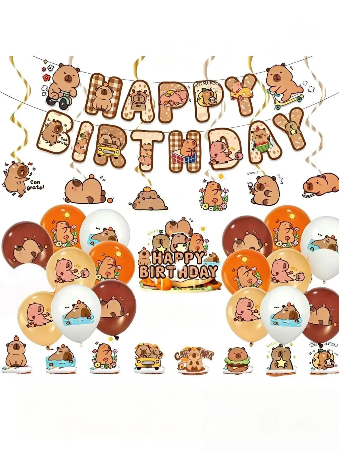 Capybara Theme Birthday Party Decorations, Cartoon Pull Flags, Cake Picks, Balloon Set, Cute Memorable Fun Unique Kids Birthday Party Setup