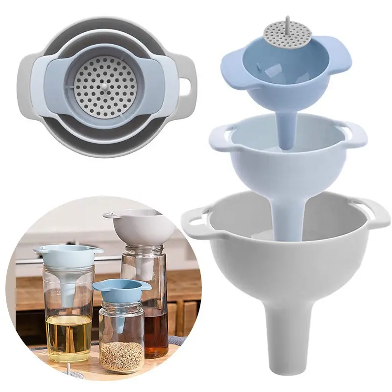 Multi-Functional Kitchen Funnel Set, Food Grade Plastic, Easy Clean, Oil and Liquid Separator, Four-In-One Funnel with Filter Mesh