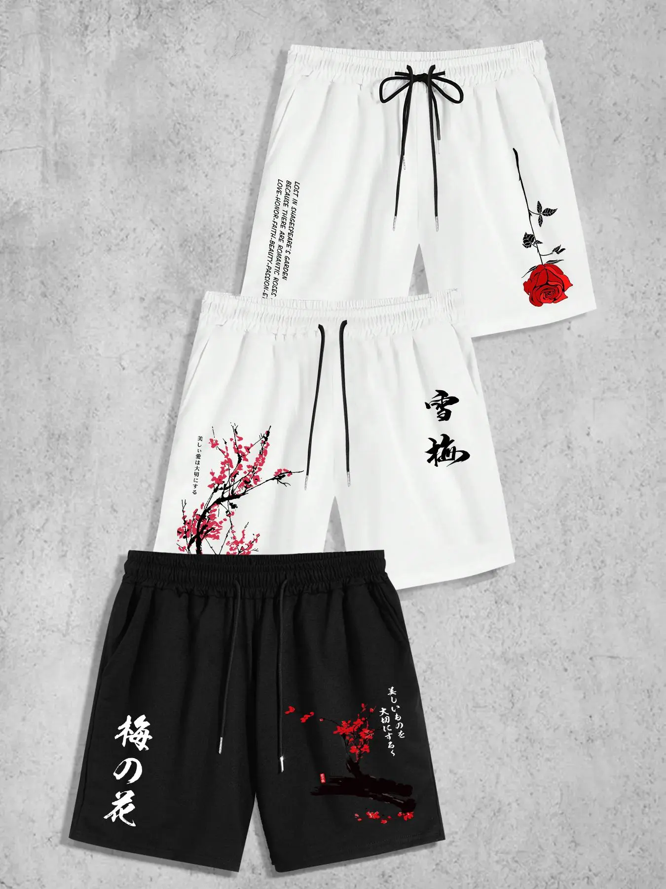 Men's Fashion Casual Floral Print Short Pants, Loose-Fitting Drawstring Design, All-Seasons Multicolor Pack of 3, Casual Wear Shorts