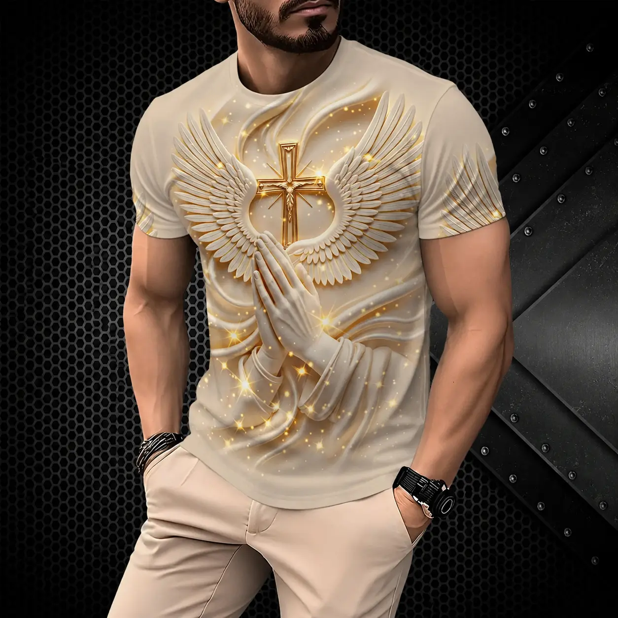 Men's Religious Prayer Angel Wings Cross 3D High-Definition Graphic Print Sporty Tops, Classic Round Neck Shortsleeve Slim-Fit Menswear Summer Streetwear Tee