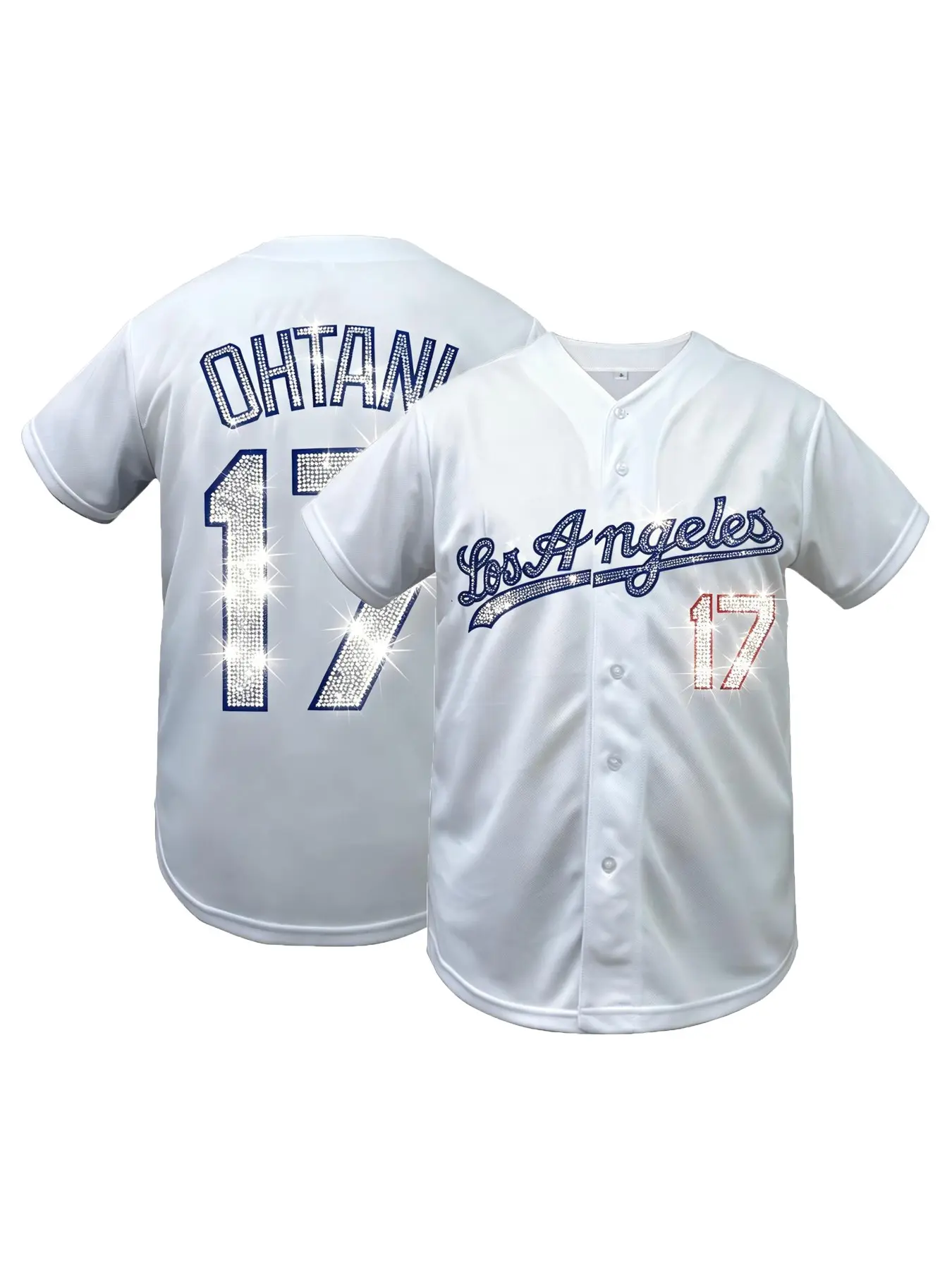 Men's Los Angeles City Baseball Jersey, Number 17 Rhinestone Bling Button Down Short Sleeve Shirt, Sparkle Athletic Top for Baseball Fans, Party & Street Fashion, Casual Sports Jersey