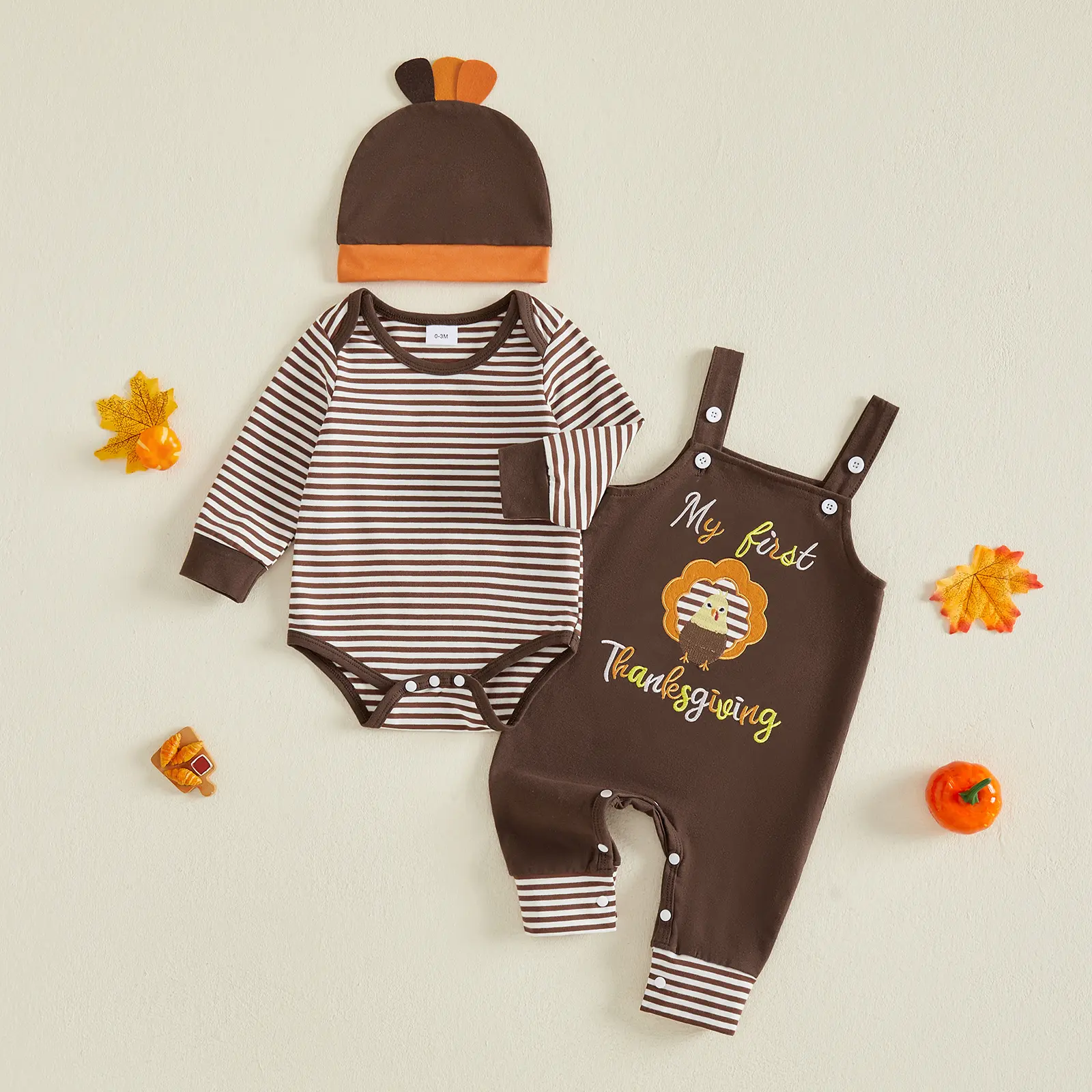 FOCUSNORM Newborn Baby Boys Thanksgiving 3Pcs Fall Outfit Turkey Embroidery Overalls Striped Bodysuit With Turkey Hat Clothes Set 0‑18M