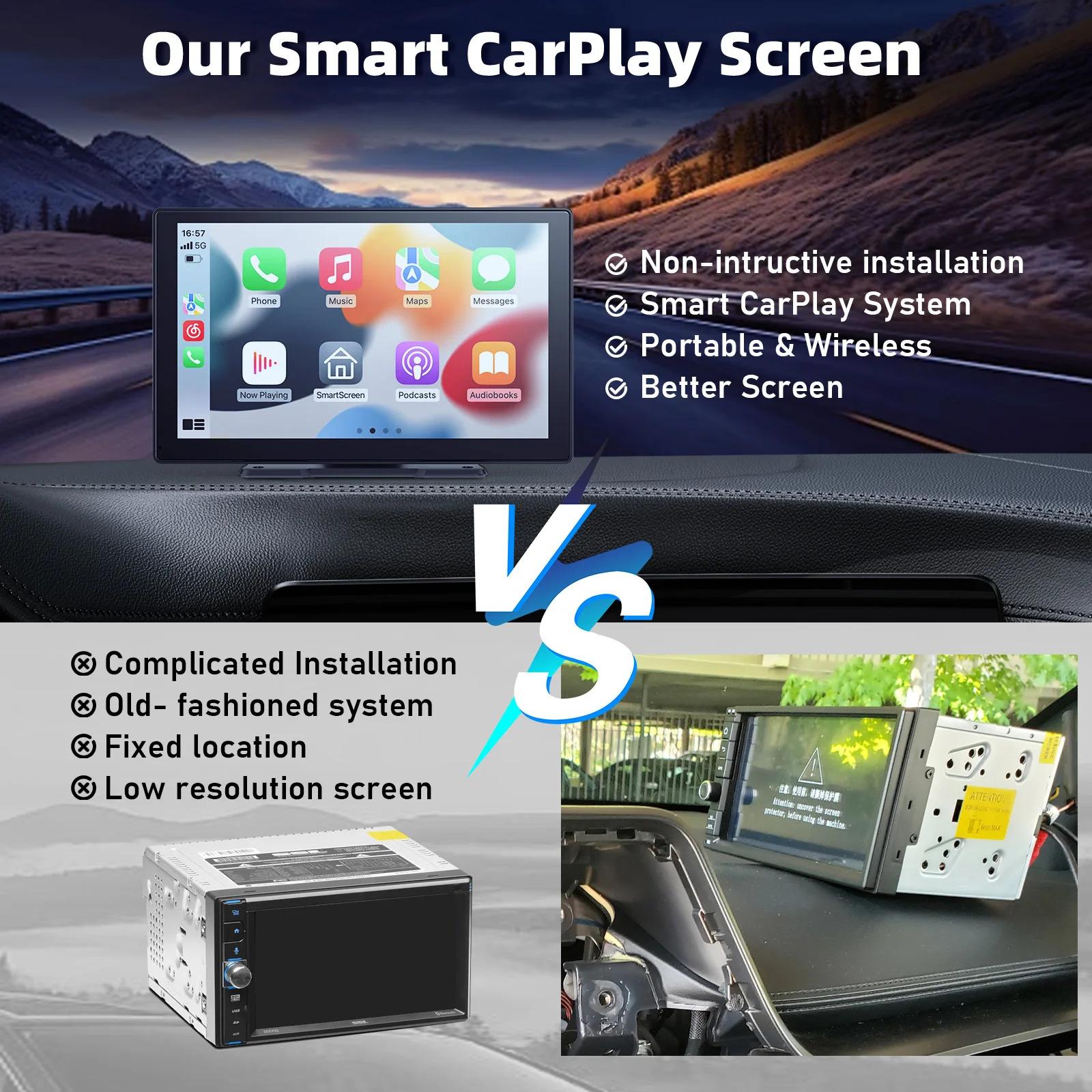 9 Inches Portable Wireless CarPlay with 4K Dash Cam with 64G TF Card ...