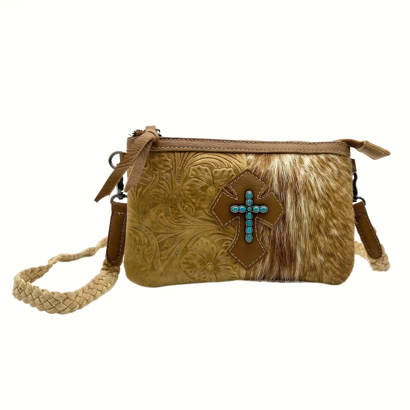 Women's Hair On Hide Western Turquoise Cross-Motif Crossbody Messenger Bag - Casual Wear, Cute Retro, High-Capacity Phone Bag for Women, Crossbody Bags For Women