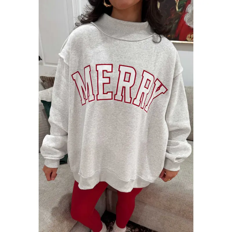 BF Women's MERRY Embroidered Christmas Sweatshirt, Baggy Oversized Long Sleeve High Neck Pullover with Ribbed Trim, Cozy Holiday Outfit