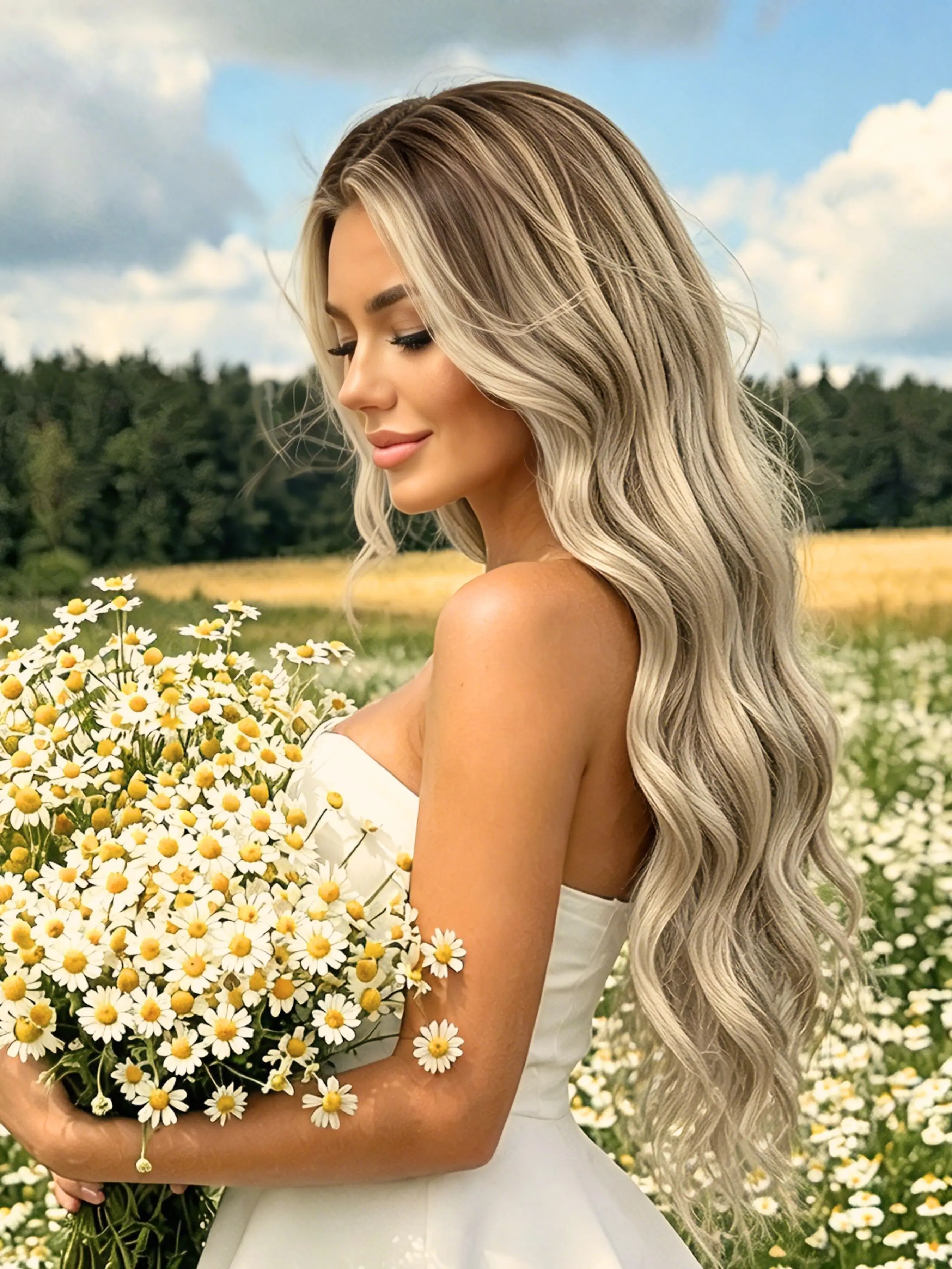 28" Vanilla Almond Blonde Balayage Body Wave Lace Front Wig 13x4 HD Transparent Lace Dark Roots Pre Plucked Hairline Glueless Heat Resistant Synthetic Hair Free Part Natural Look Long Wig Lace Frontal Wig