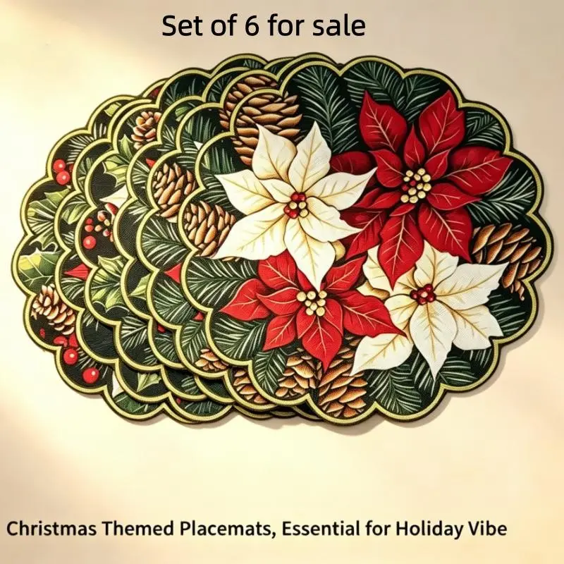 6pcs Winter Poinsettia & Pine Cones Placemats, Non-Slip Fabric Table Mats, Heat Resistant, Dry Clean Only, Winter Decor, Holiday Placemats