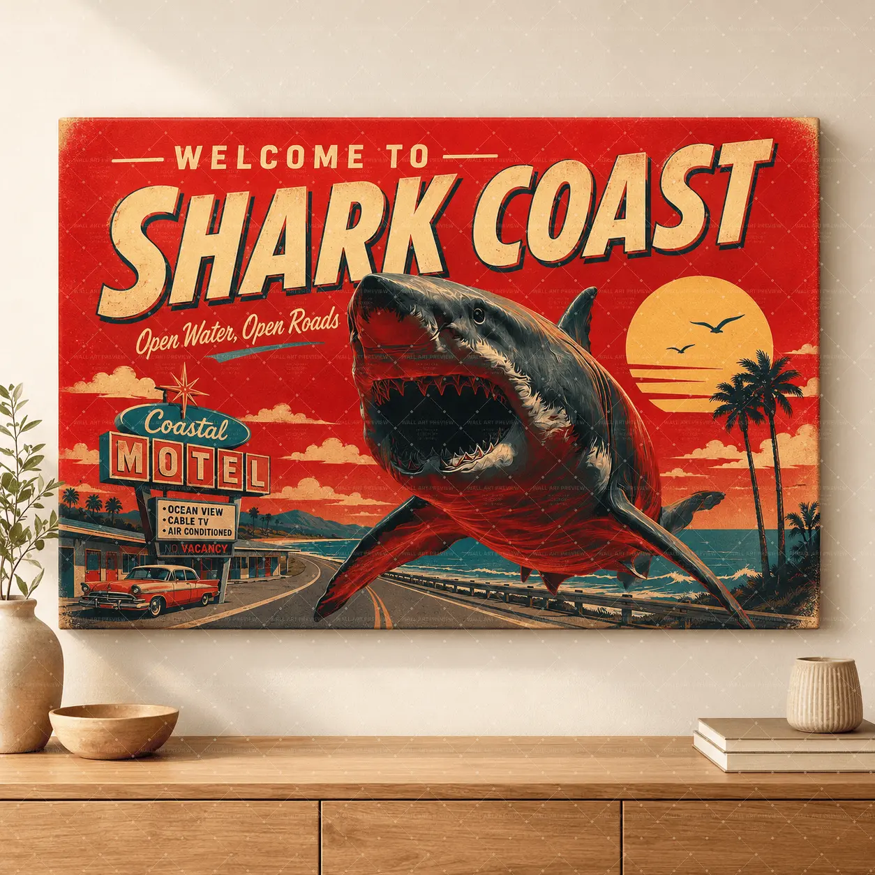 Welcome to Shark Coast Canvas Wall Art, Retro Coastal Shark Poster, Vintage Beach Motel Ocean Decor for Living Room Bedroom Office, Poster or Wrapped Canvas,wall decor,poster.