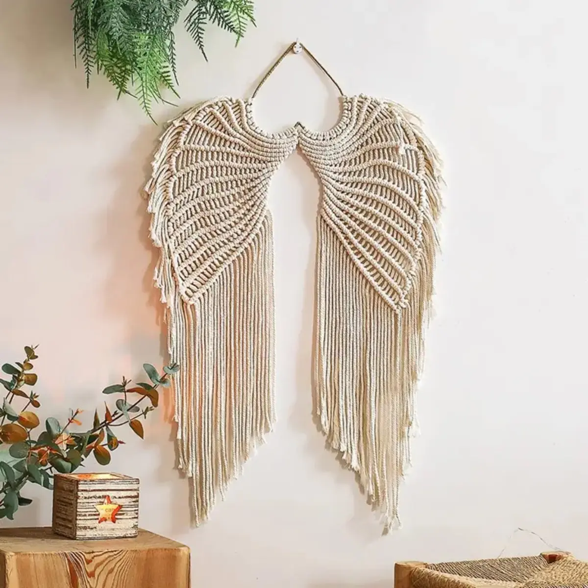 Handcrafted Macrame Wall Hanging - Bohemian Wings Woven Cotton Rope Tapestry with Handmade Fringe, Camping Hammock Wall Decor for Home Spaces