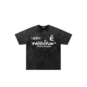 Hellstar Vintage Washed Black Star Flame Logo Graphic T-Shirt Men Oversized Distressed Cotton Short Sleeve Tee For 4th Of July Summer Hip Hop Street Casual Outfit