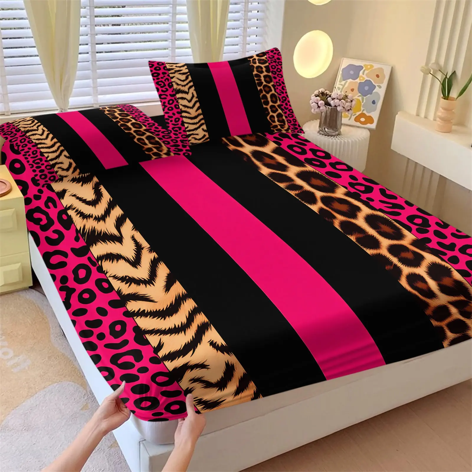 Y2K Hot Pink Leopard Tiger Stripe Patchwork Fitted Sheet Set, Bed Sheets, Bedsheet, 1 Fitted Sheet + 2 Pillowcases, Deep Pocket Non-Slip Mattress Protector, Soft Breathable Bedding, Wild Animal Print Design For Teen Girls Dorm Bedroom Decor