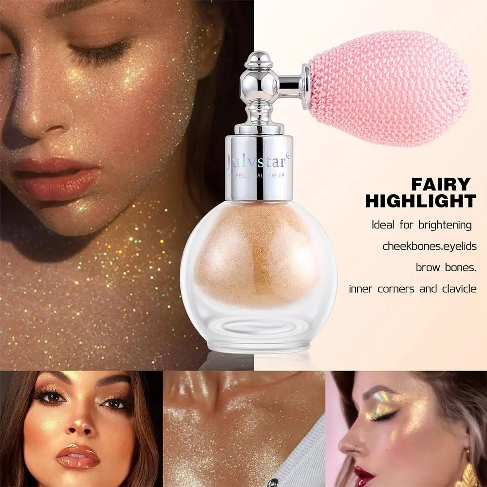 Julystar Fairy Spray Glowy Highlighter Powder, Portable Airbag Shimmer Body Glitter, Ultra Fine Blendable Natural Luminous Highlight, 6 Shades Glow Makeup