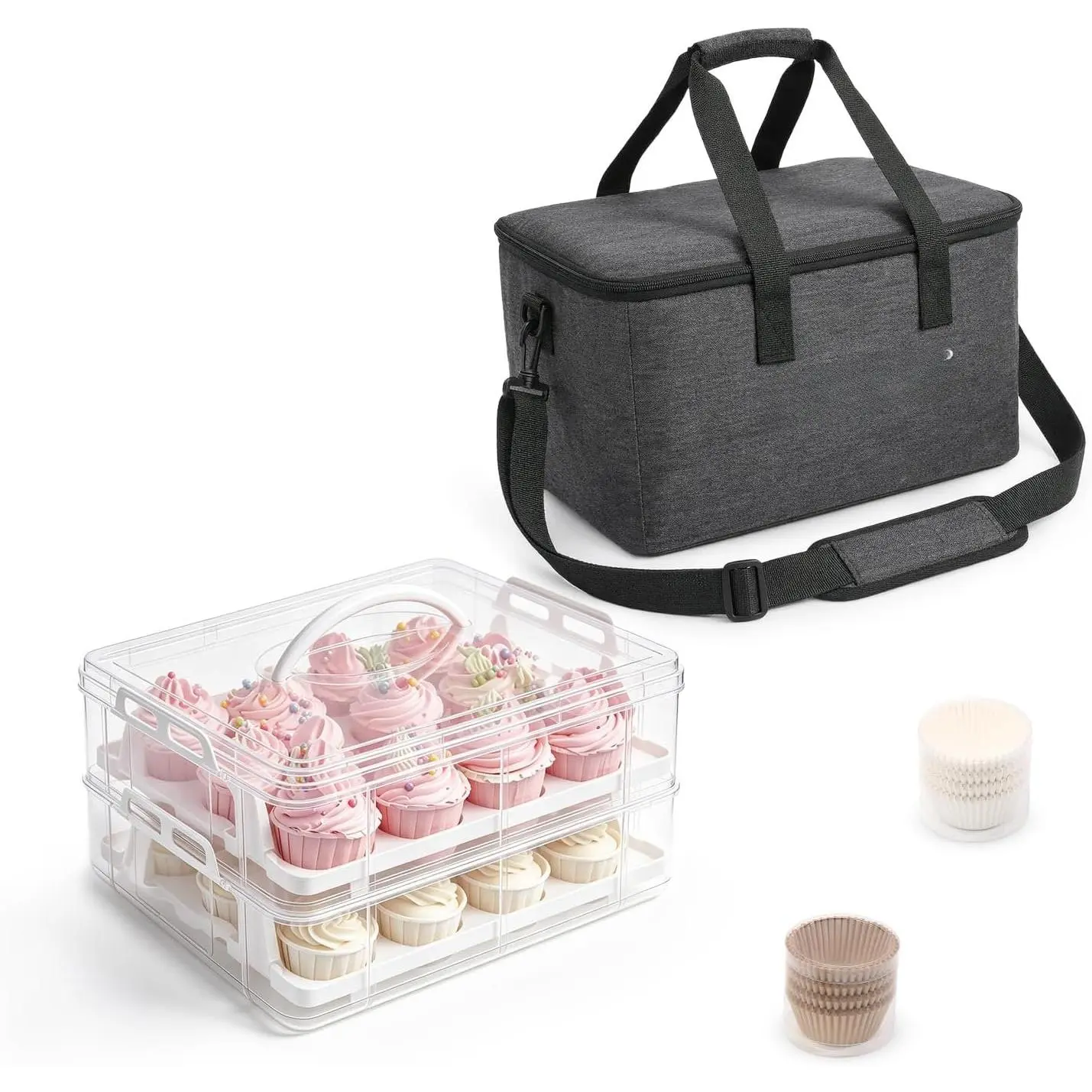 Cupcake Carrier 24 Count, Cupcake Holder With Lid And Handles, 2-Layer Cupcakes Storage Containers, Cupcake Transport Container, Cupcake Box With Portable Insulated Bag And 200 count Cupcake Liners
