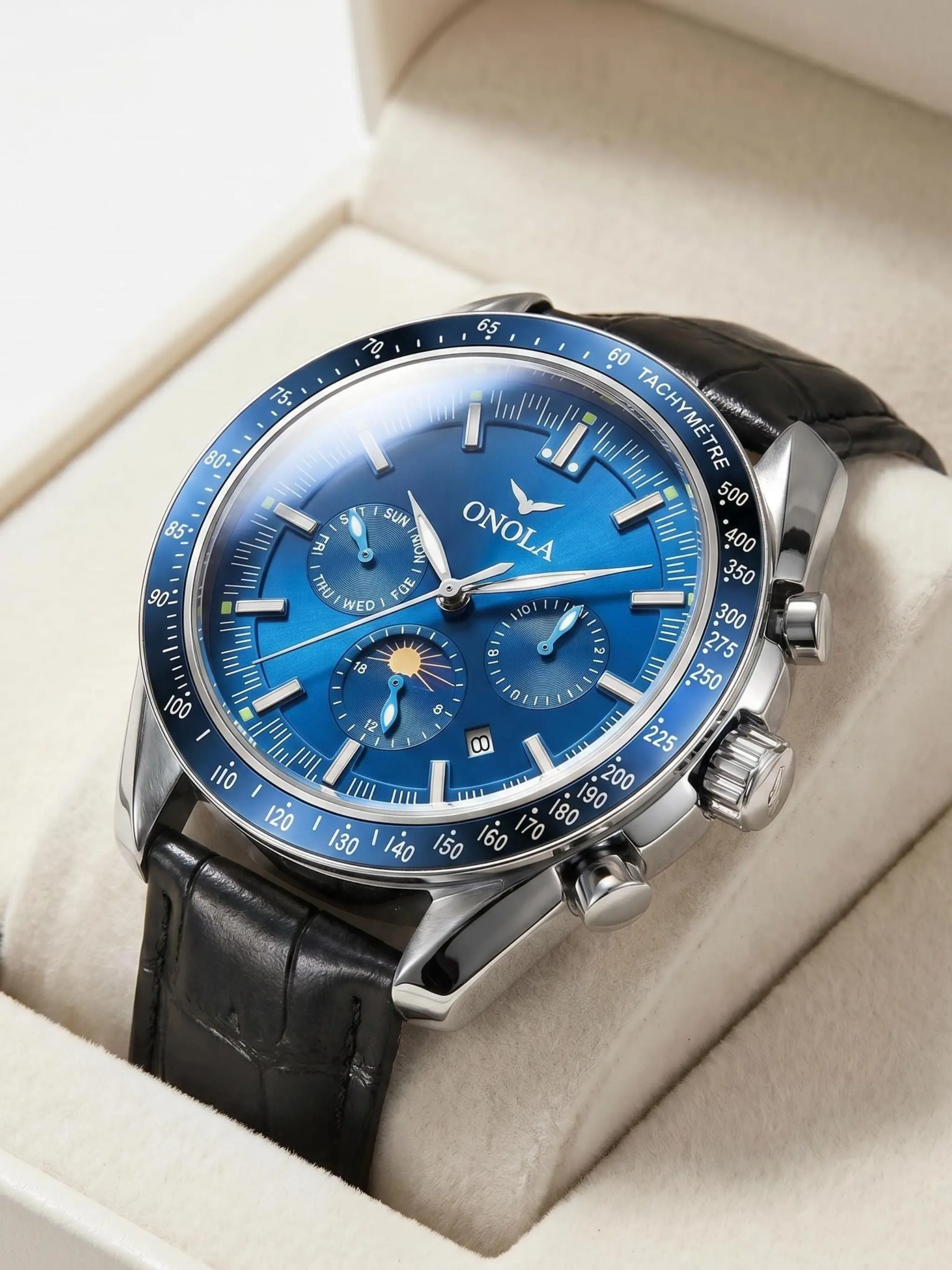 Onola Men's Mechanical Watch, Automatic Mechanical Wristwatch Men Moon Phase Chronograph Hand Watch Luxury Business Mechanical Watch Leather Strap Tachymeter Large Dial Dress Wristwatch For Men High Quality Watches