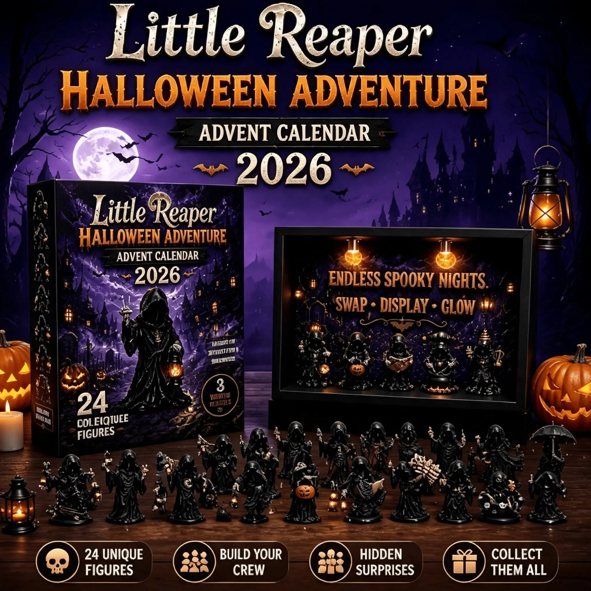Halloween Advent Calendar 2026, 24 Days Countdown Mystery Box, 24 Collectible Mini Reaper Figures, Spooky Surprise Toys, Haunted House Decor