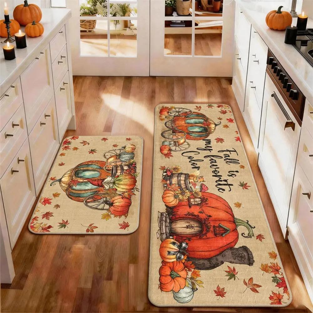2pcs Thanksgiving Fall Kitchen Mat Gug Set with Pumpkin Maple leaves Pattern, Non-Slip Soft Low Profile,Floor Mat Set Farmhouse Kitchen Rug Dining Room Flooring Laundry Room Decor Carpet Mat, Decorative Rug Mat, Kitchen Rug Sets