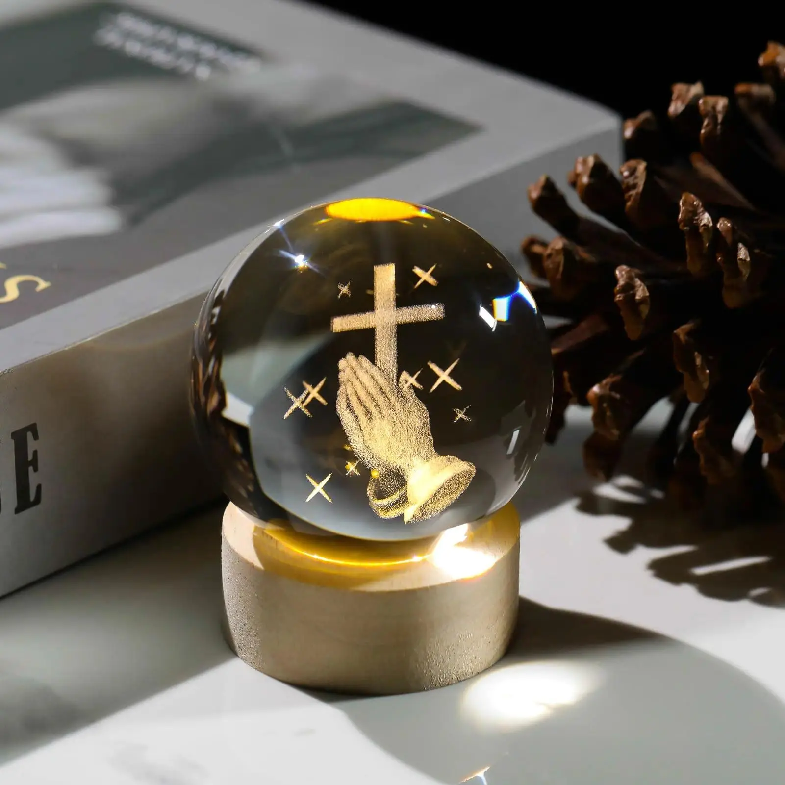3D Cross Crystal Ball Figurine with Wooden Light Base, Laser Engraved Praying Hands, Religious Gifts for Women Men, Religious Collectibles, Home Decor, Stylish Religious Decor, Wooden Cross Decorations