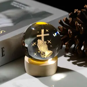 3D Cross Crystal Ball Figurine with Wooden Light Base, Laser Engraved Praying Hands, Religious Gifts for Women Men, Religious Collectibles, Home Decor, Stylish Religious Decor, Wooden Cross Decorations
