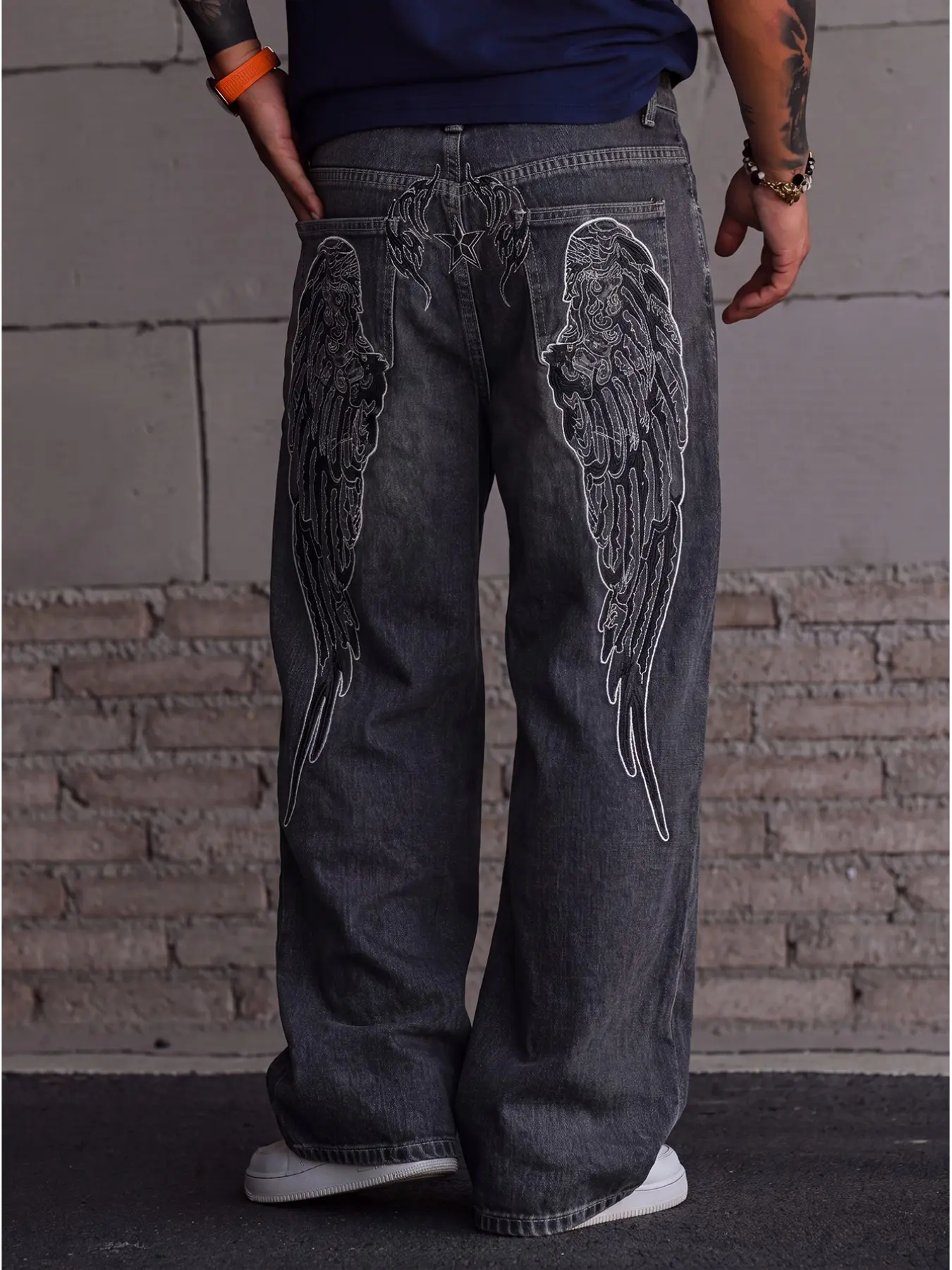 Men's Black Grey Angel Wing Embroidery Jeans Y2K Baggy Straight Leg Pants Vintage Streetwear Loose Fit Denim Trousers