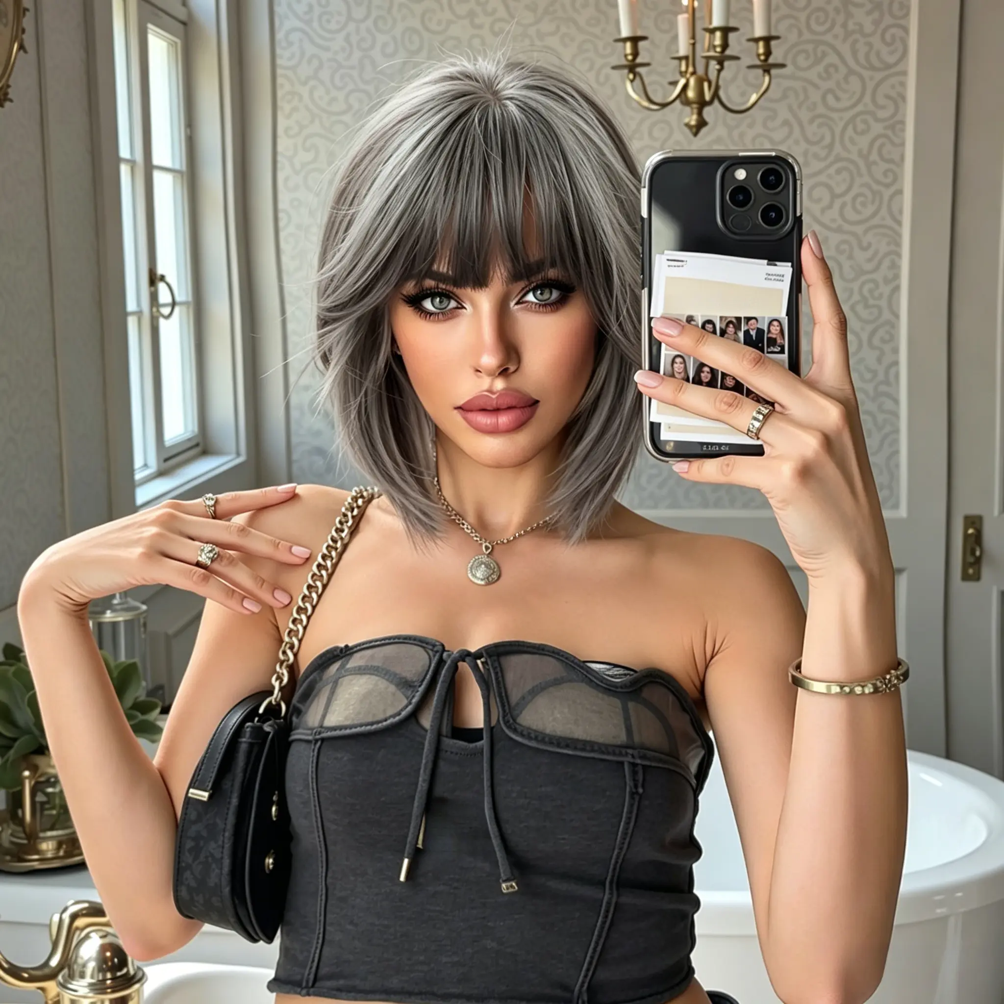 12-Inch Wig Featuring Bangs, Layered Straight Hair in Silvery Gray, Comfortable to Wear, Made from Matte High-Temperature Material, Layered Wavy Hair, Straight Hair Wig, Suitable for Dating Parties with a Rose Net Hat, Synthetic Mechanism Wig
