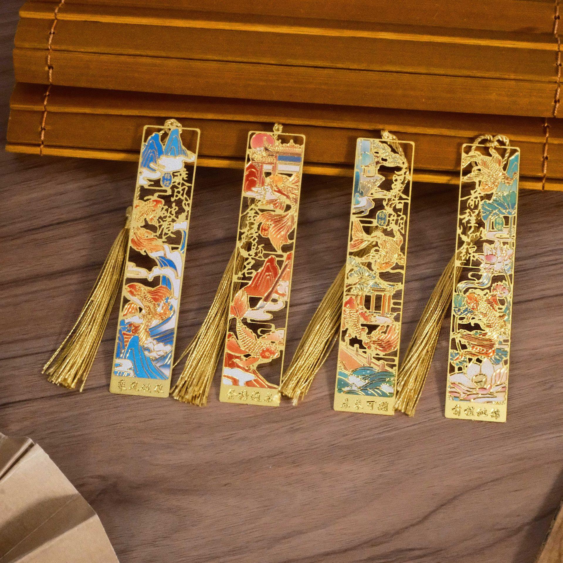 4 Pieces Metal Bookmarks with Tassel, Golden Hollow Bookmark Oil Painting Theme Book Mark Bookmarks for Book Lovers Writers Readers Children Teens Men Women Adults